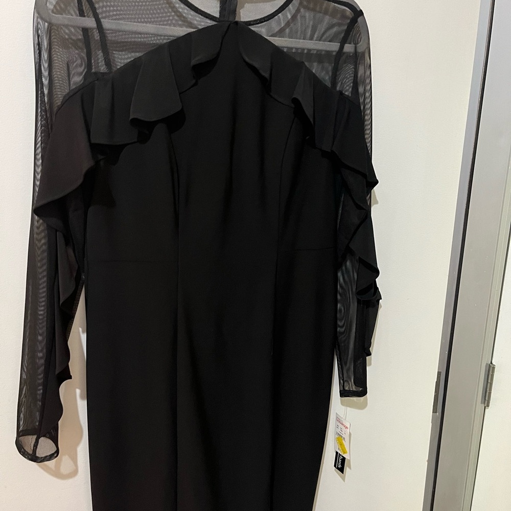 R&M Richards Black Off Shoulder Cocktail Dress with Bishop Sleeves